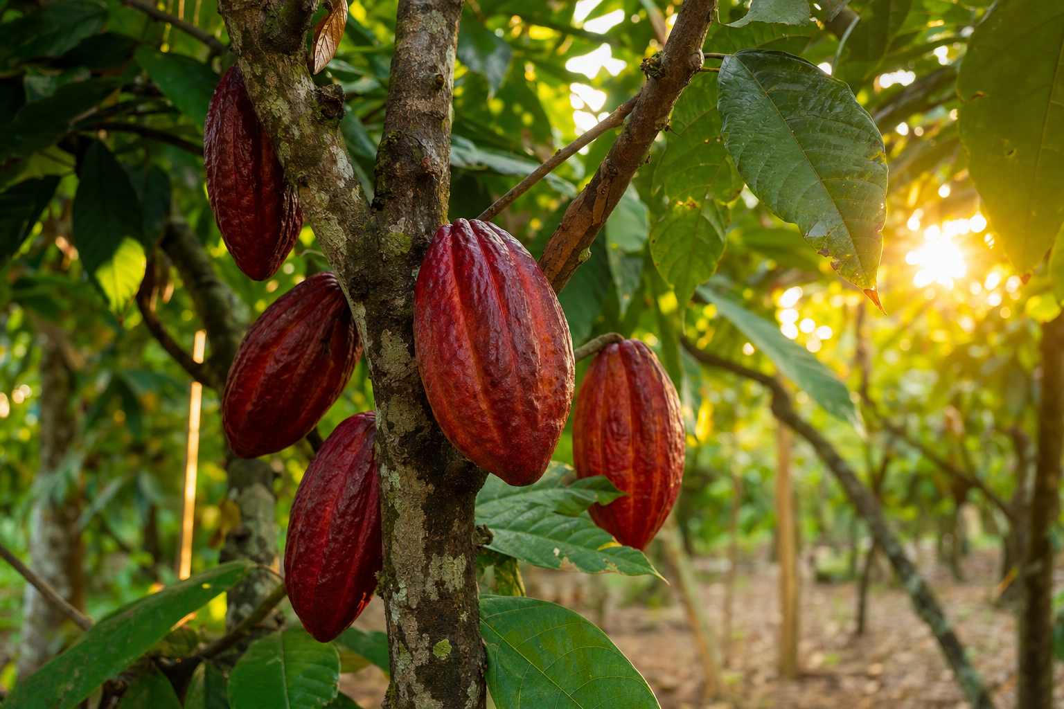 Ripe cocoa pods on a cacao tree in a tropical plantation