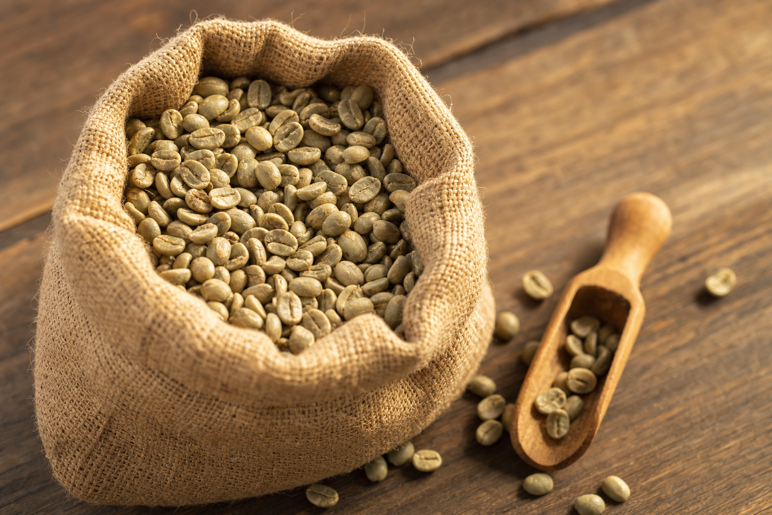 Burlap sack of raw green coffee beans