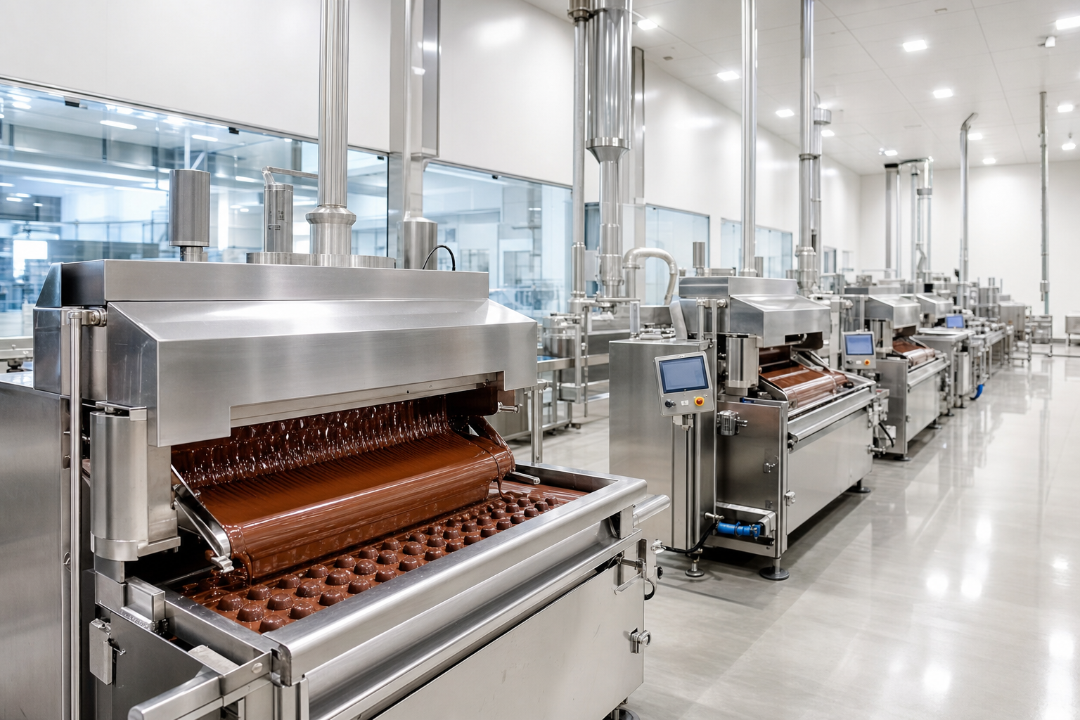 Modern stainless steel chocolate processing line in a bright facility