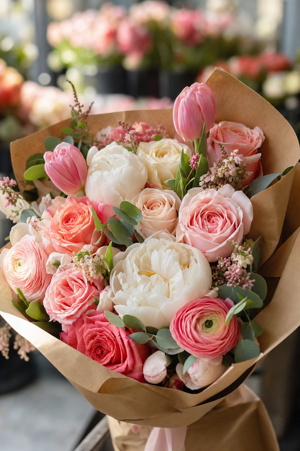 Elegant bouquet of pink roses, peonies and tulips wrapped in kraft paper