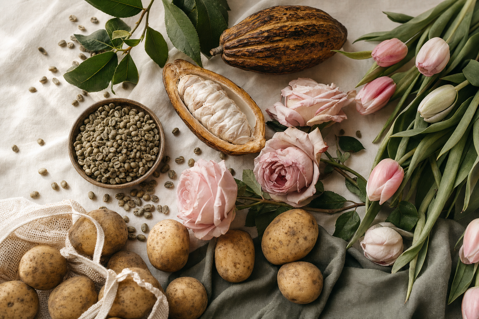 Overhead composition of green coffee beans, cocoa pods, flowers, and potatoes on linen