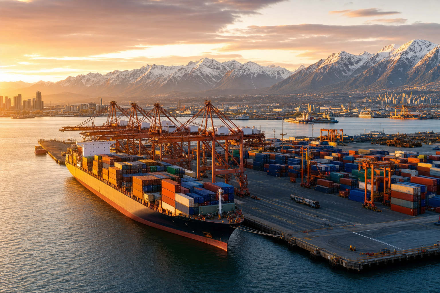 Canadian port with cargo ships and snow-capped mountains at sunset