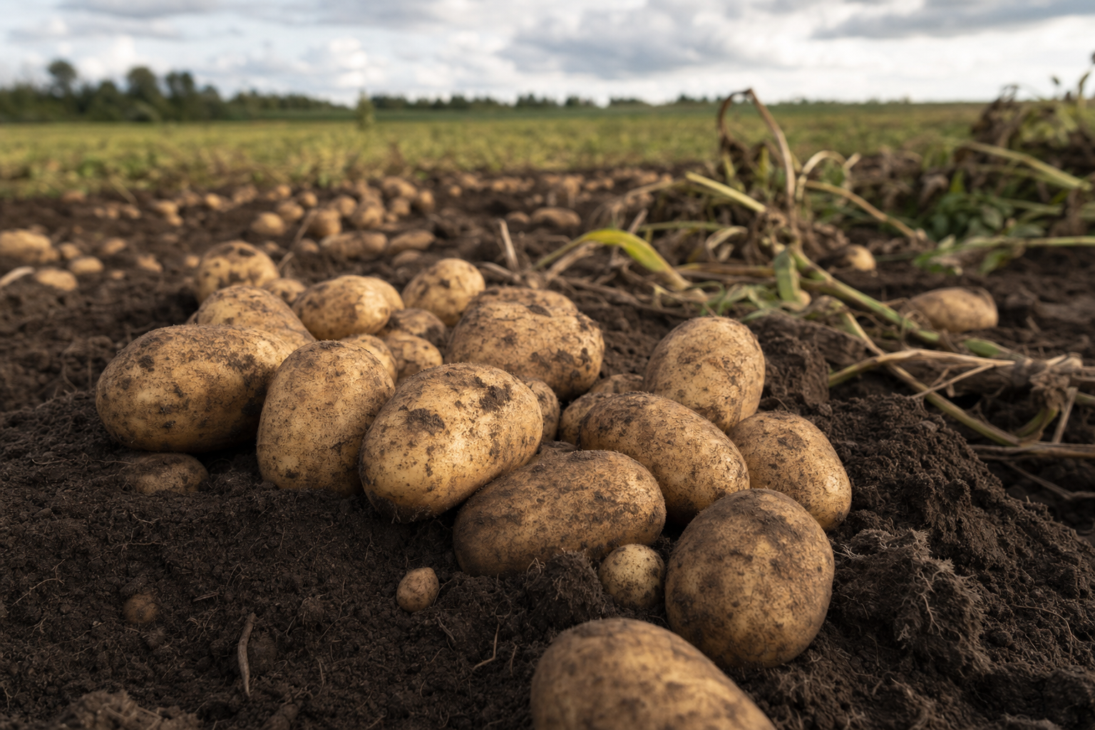 Freshly harvested potatoes on dark soil in a Canadian field